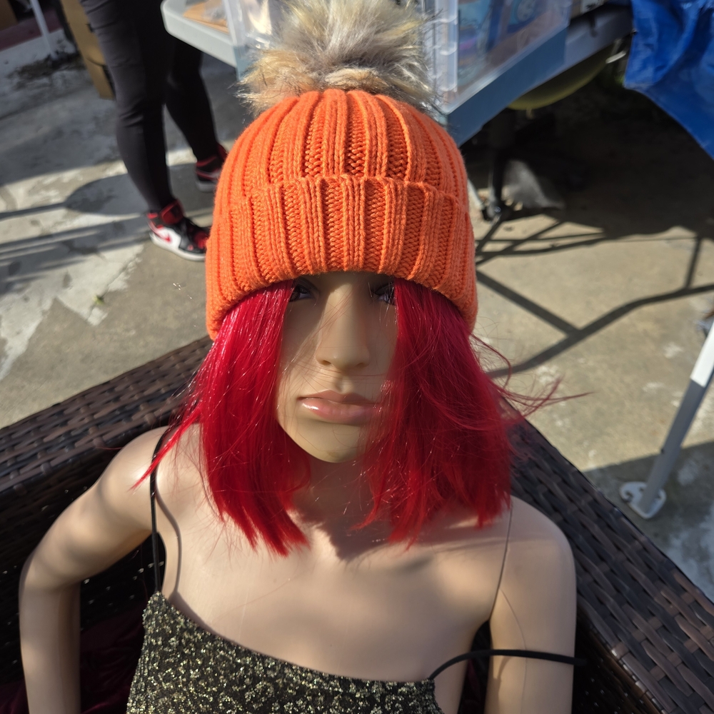 J.Crew Orange Ribbed Knit Beanie Hat Faux Fur Pom Pom One Size New With Tags